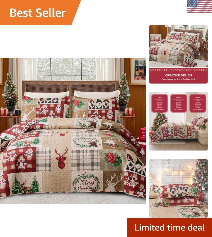 3-Piece Christmas Quilt Set Queen - Luxurious Microfiber with Patchwork Charm