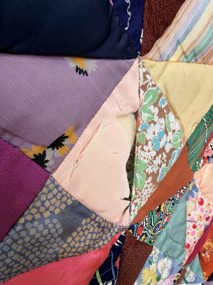 Vintage Handmade Satin Triangle Patchwork Quilt 74x88 Distressed Rustic Cowboy