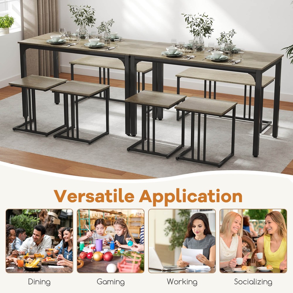4-Piece Dining Table Set Industrial Kitchen Table Set W/ Bench & 2 Stools for 4