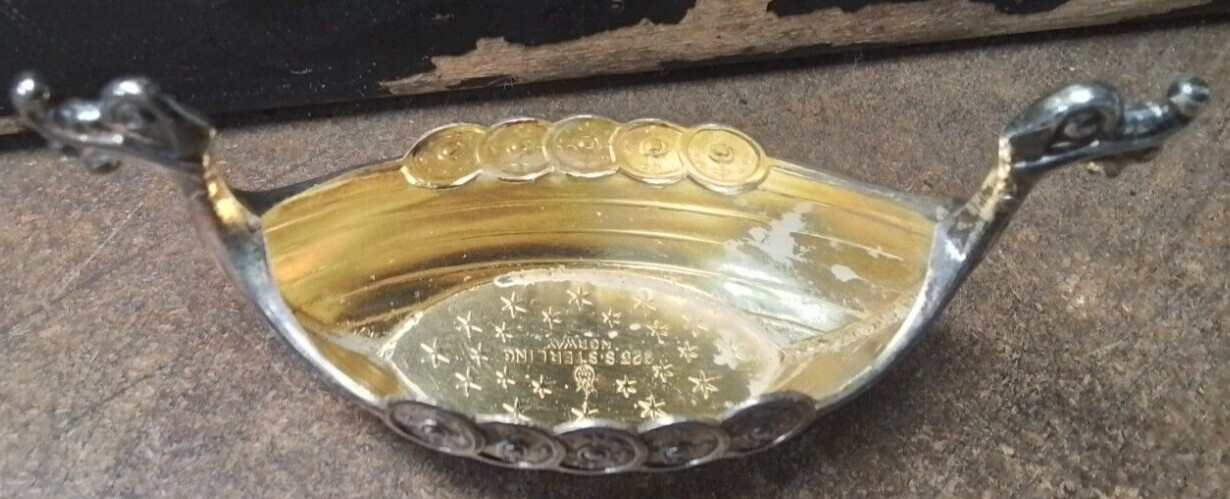 Theodore Olsen Norway Gilt Sterling Silver Viking Salt Cellar w/ Spoon