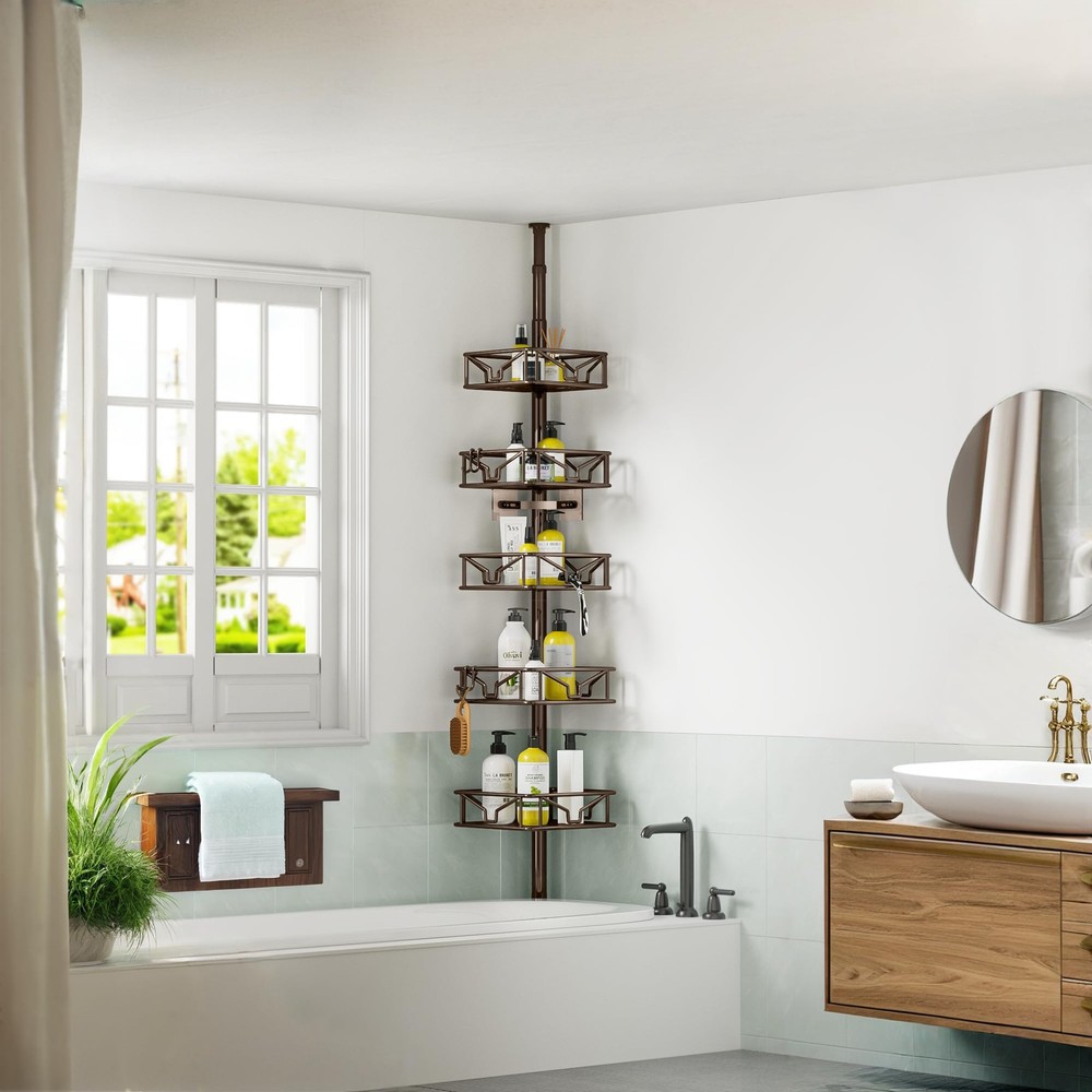 Skycarper 5-Tier Corner Shower Caddy, Adjustable 62-116", Bronze, Rustproof