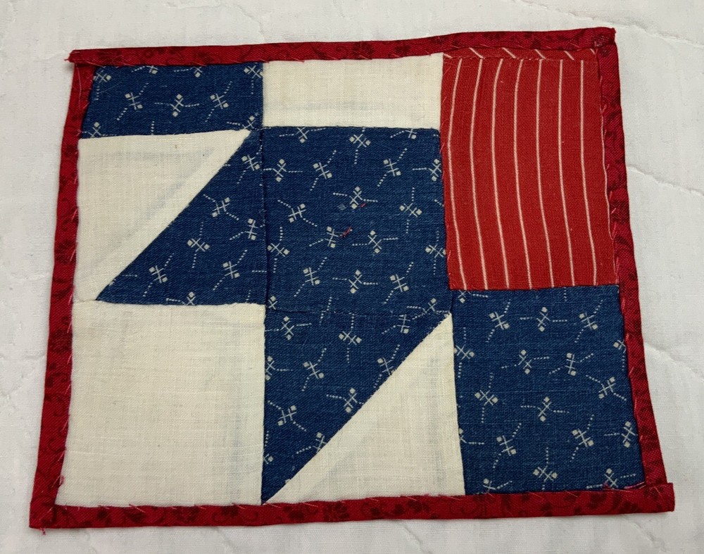 Antique Vintage Patchwork Quilt Table Topper, Small, Triangles, Squares, Navy