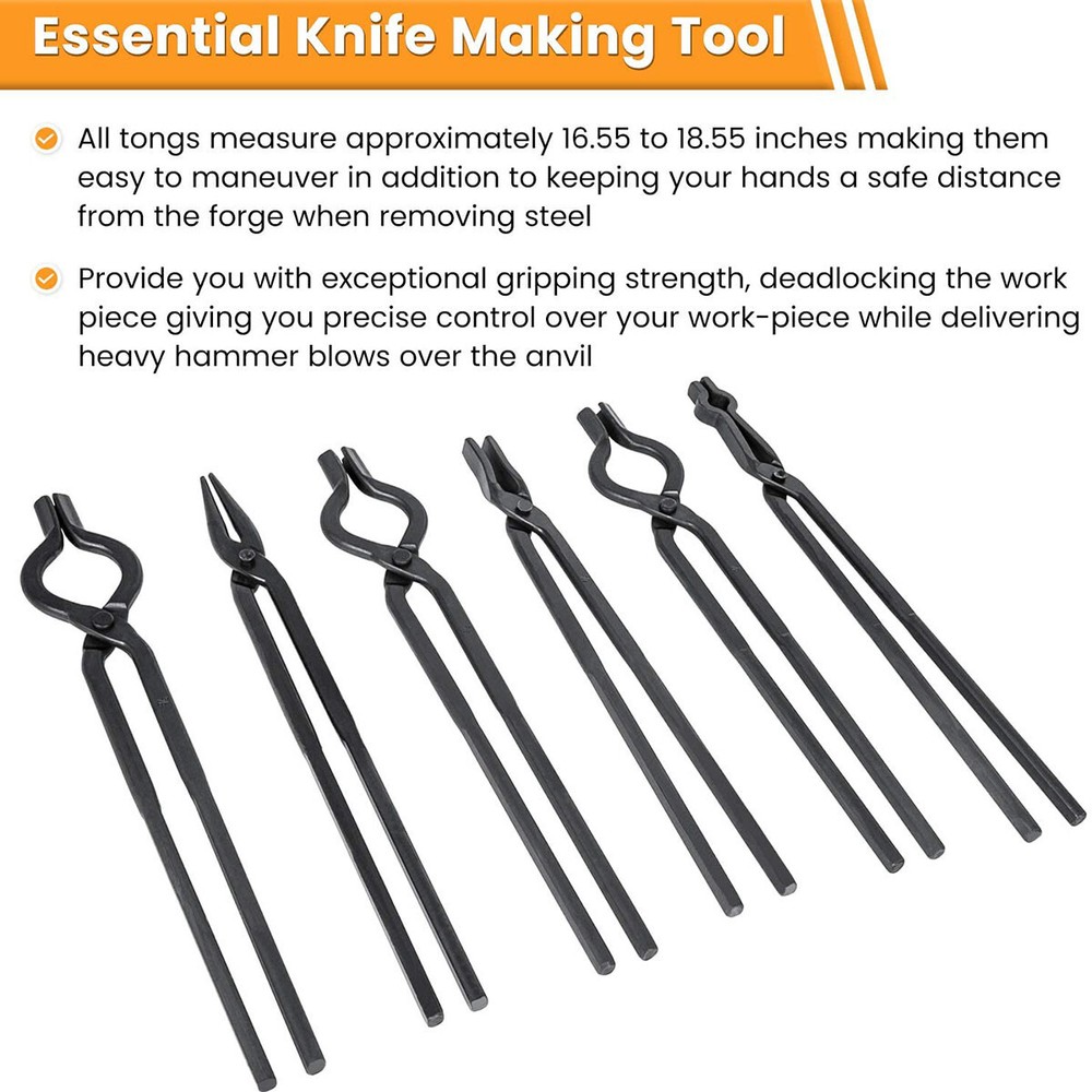 6Pcs Beginner Knife Making Blacksmith Tong Set V-Bit Blade Scroll Pick Up Hammer