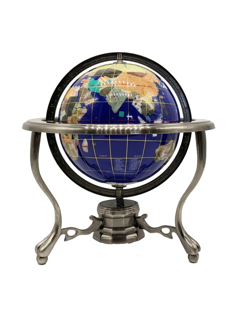 10" Tall Table Top Blue Lapis Ocean Gemstone World Globe with Silver Tripod Std