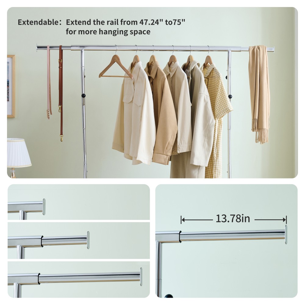 Silver Iron Heavy Duty Clothes Rack 600LBS Capacity Adjustable Rolling Garment