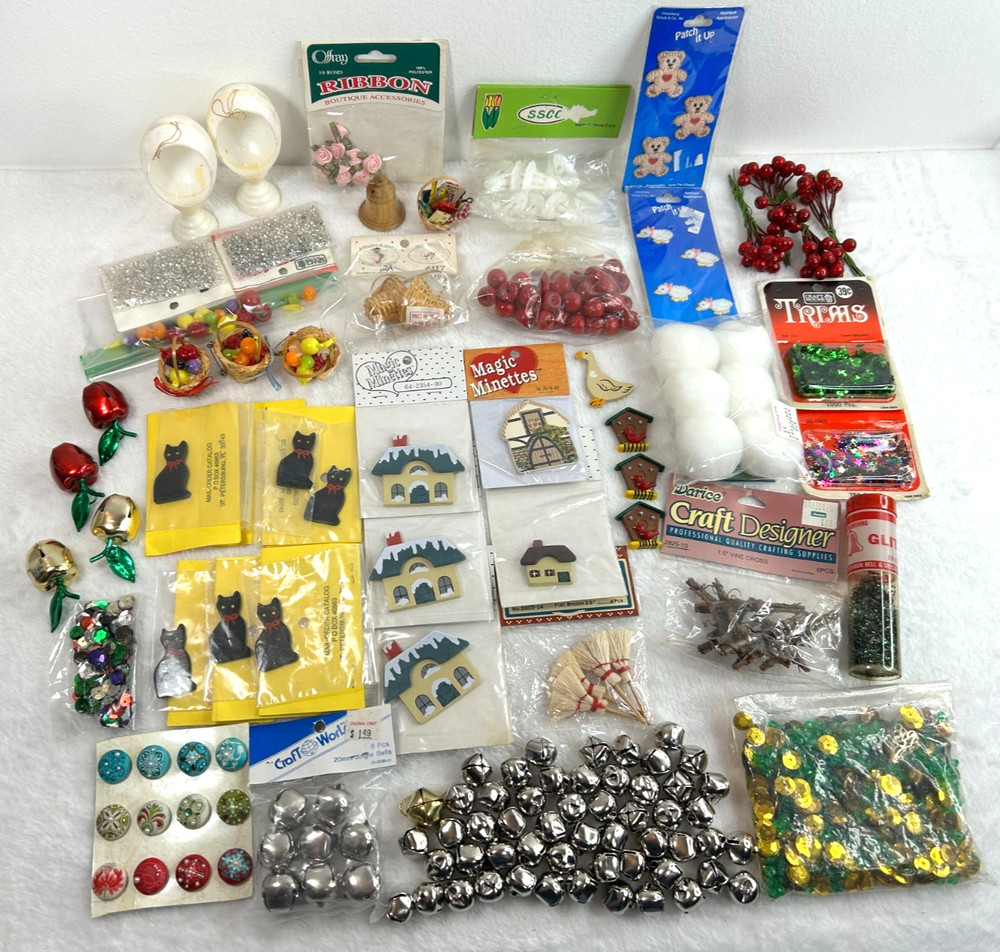 Crafting Lot Assorted Miniatures Bells Glitter Sequins Fruit Baskets & More   C3