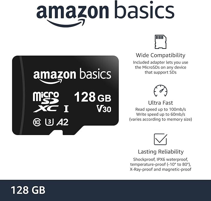 Amazon Basics MicroSDXC - A2, U3, 100 MB/s - 128GB Memory Card w/ Adapter