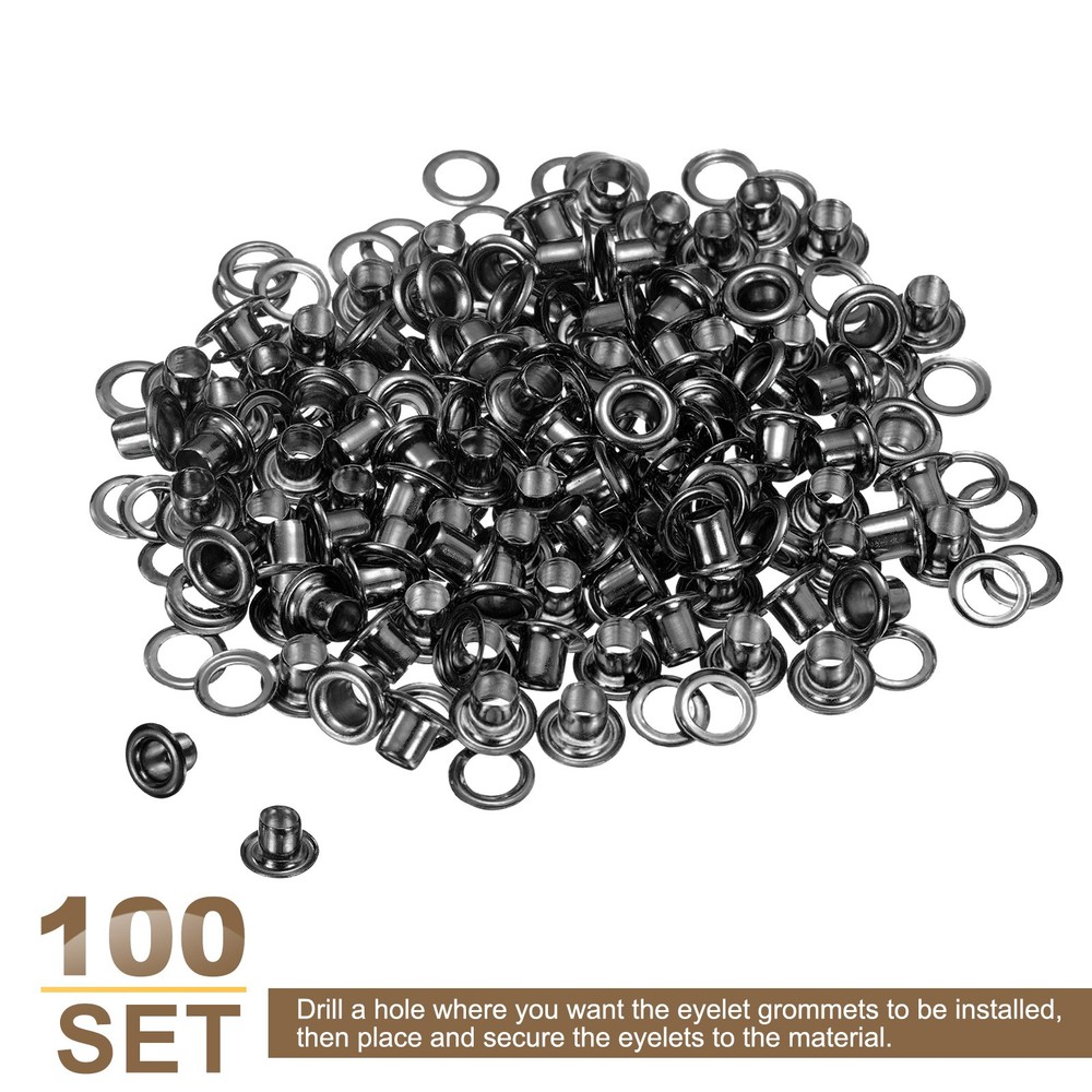 100Set Grommets Eyelets Kit 3mm Brass Eyelets with Washers, Black