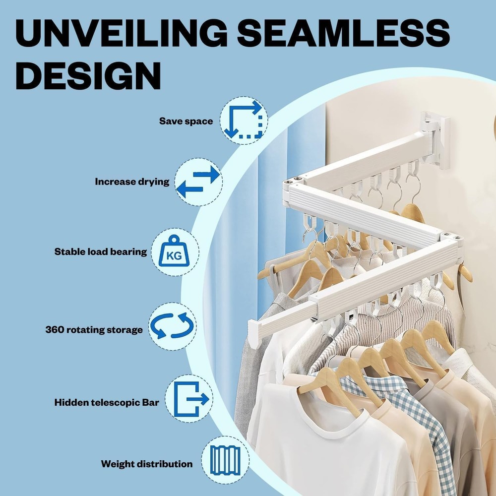 Wall Mounted Drying Rack, Space Saving Tri-Fold Retractable Clothes Racks