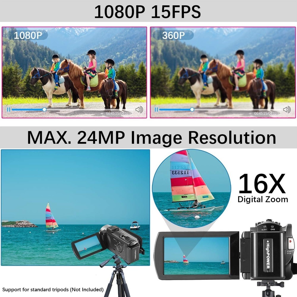 Versatile Video Camera with Pause Function, 2 Batteries & Anti-Shake Technology