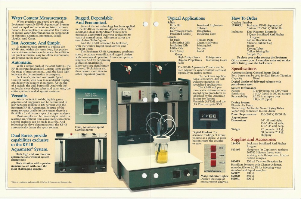 Beckman KF-4B Aquameter Moisture Analyzer System 1982 Science Lab Brochure