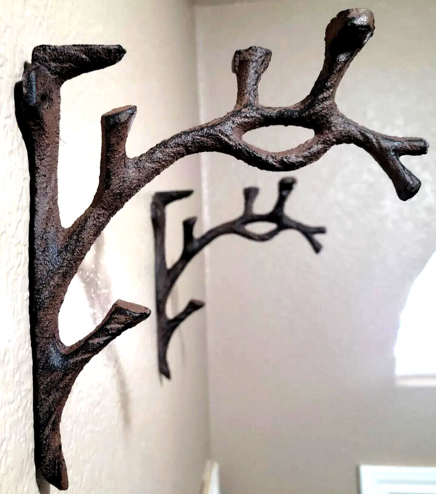 2 Rustic Cast Iron Shelf Bracket Wall Mount Hardware Brace Tree Branch Sculpture