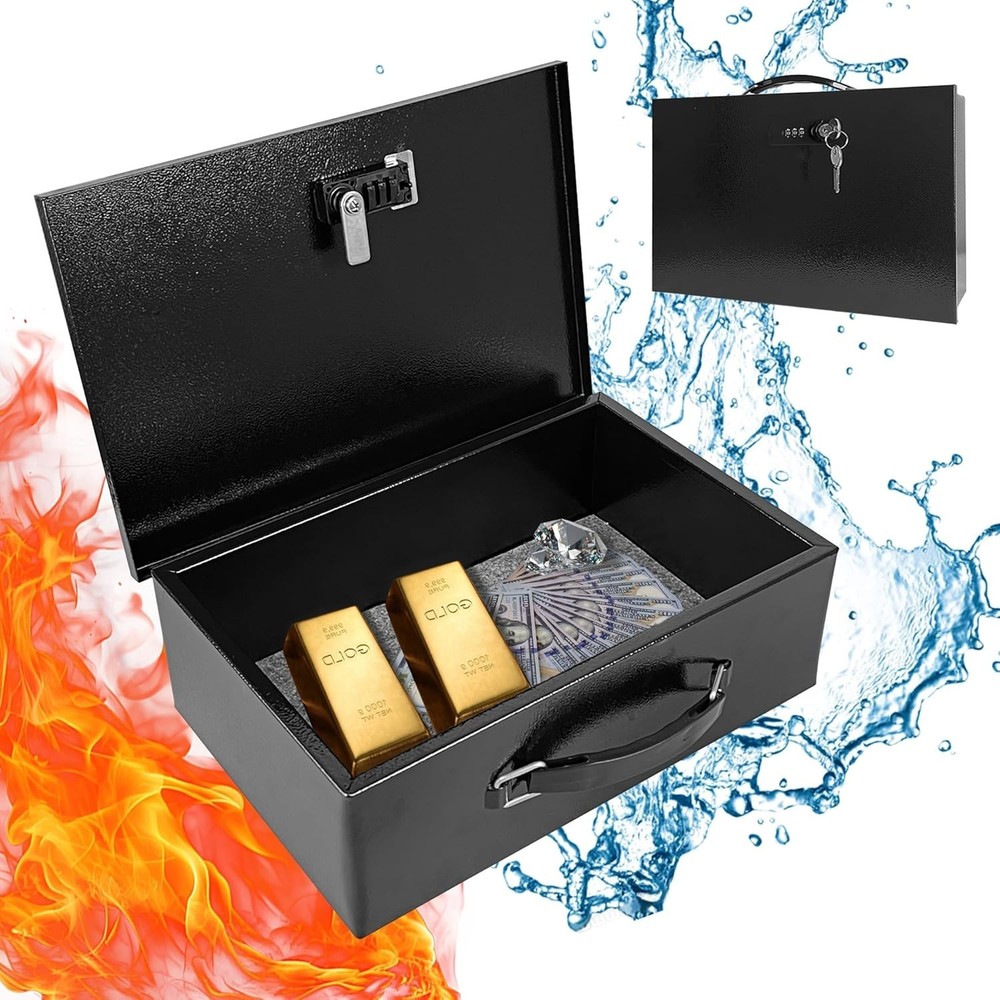 Fireproof Lock Box with Key&Combination Lock-Fire Safe Document Box,Portable