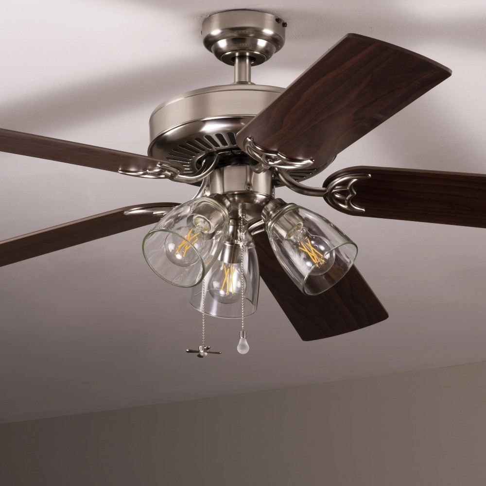 Satin Nickel Ceiling Fan with Light Pull Chain and Bulb Included
