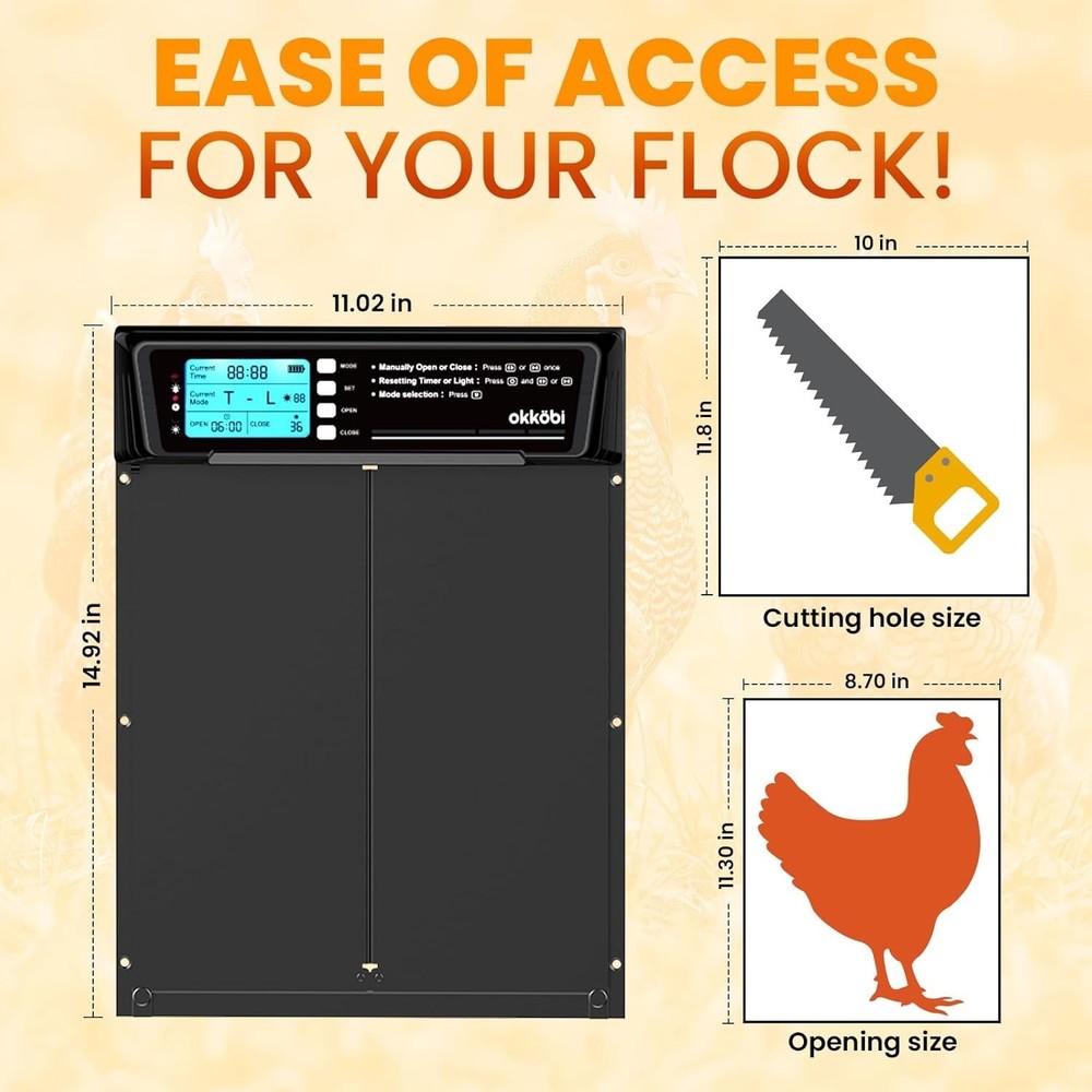 Extra Large Automatic Chicken Coop Door Solar Powered with Remote - LCD Displ...