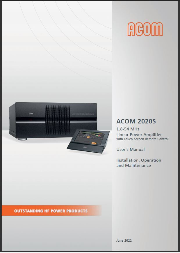 ACOM 2020S HF+6m Solid State Amplifier USB OWNER'S MANUAL - KJ4IYE