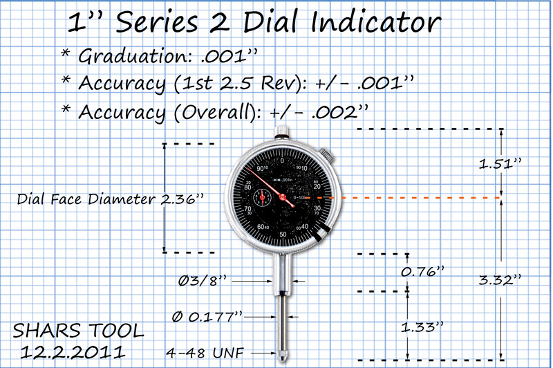 SHARS 1" PRECISION DIAL INDICATOR .001" AGD 2 GRADUATION LUG BACK BLACK FACE !]