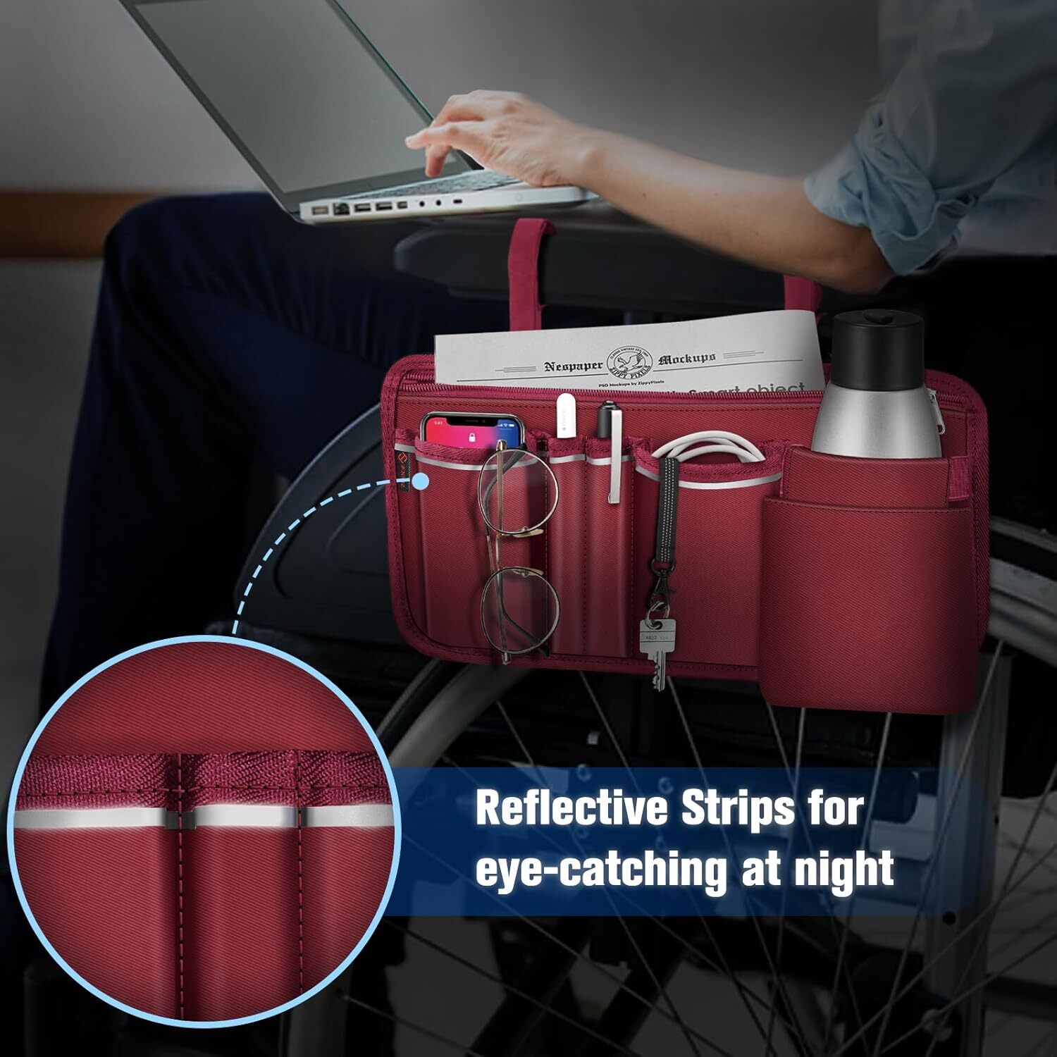 Wheelchair Side Storage Bag with Cup Holder for Power Wheelchairs, Walkers