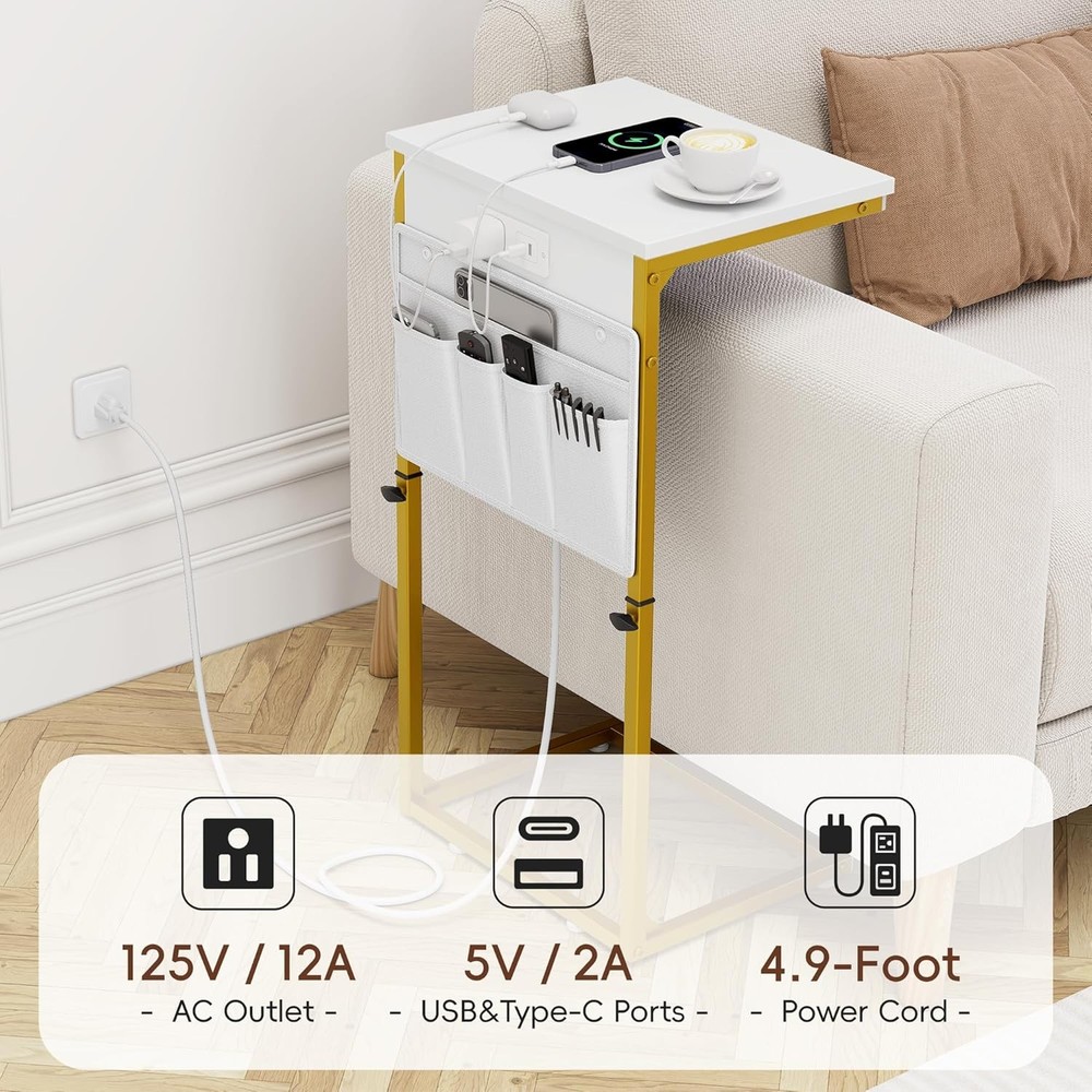 C Shaped End Table W/ Charging Station Adjustable Height Couch Sofa Side Table