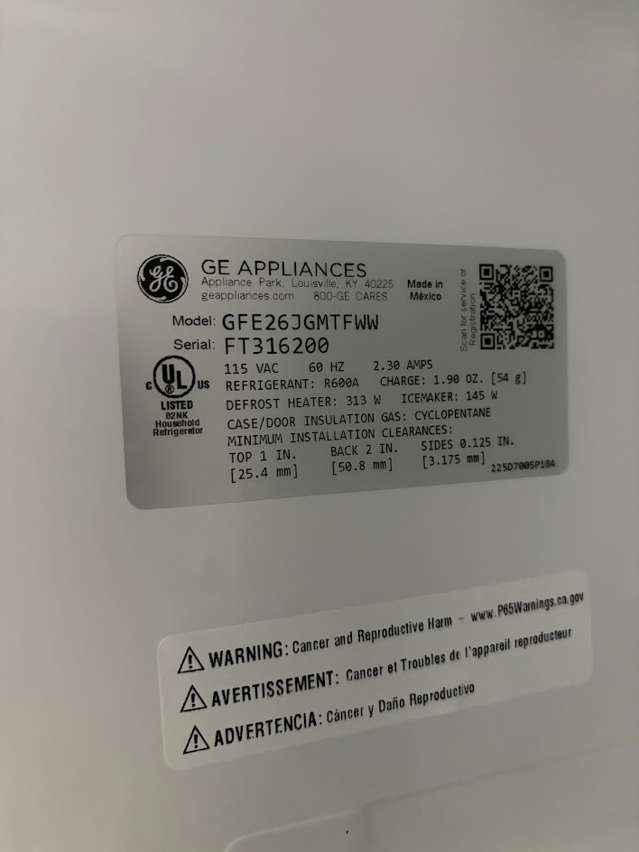 GE GFE26JGMWW 36" White 25.6 Cu. Ft. French Door Refrigerator NOB **READ**