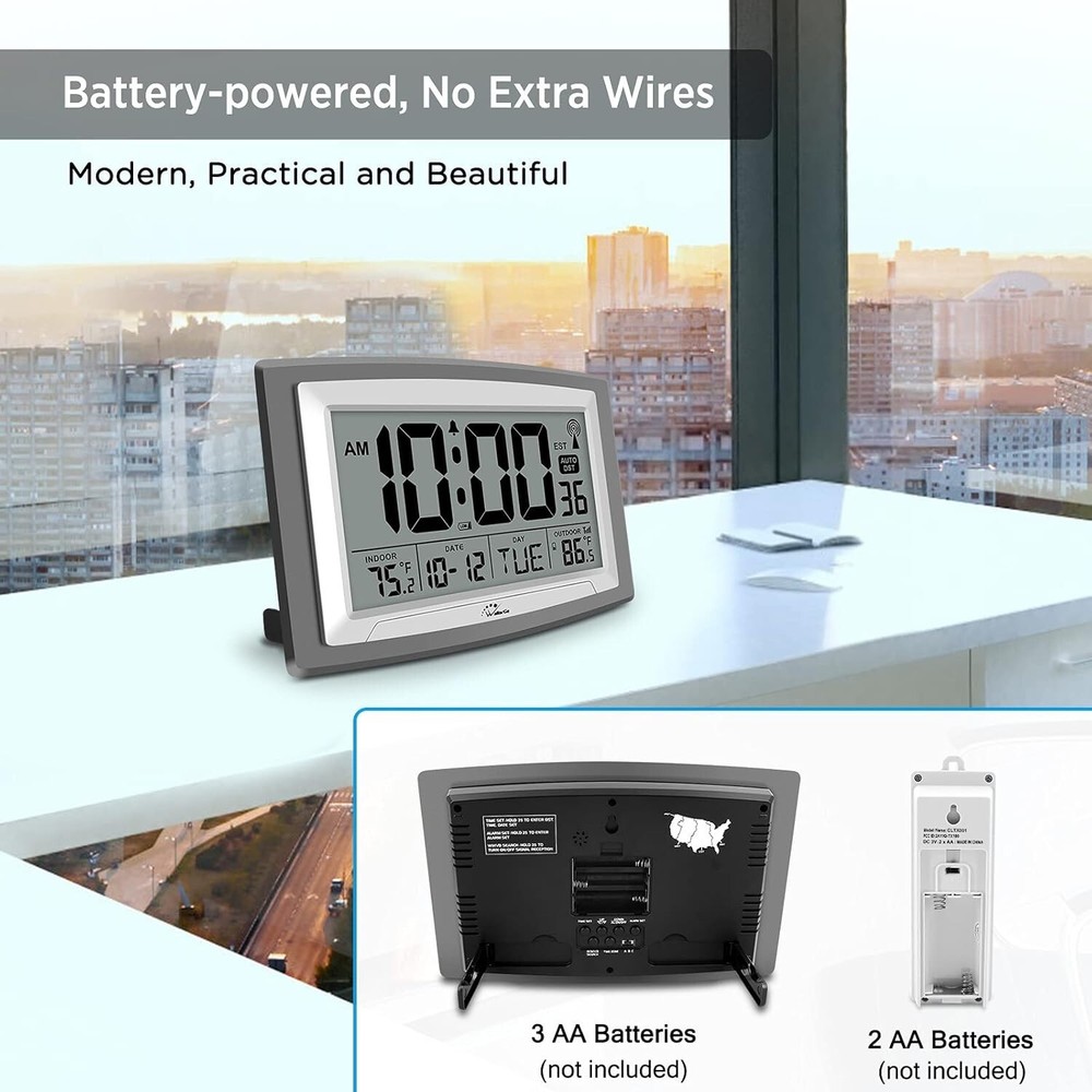 Atomic Clock with Indoor Outdoor Temperature, Self-Setting Digital Wall Clock