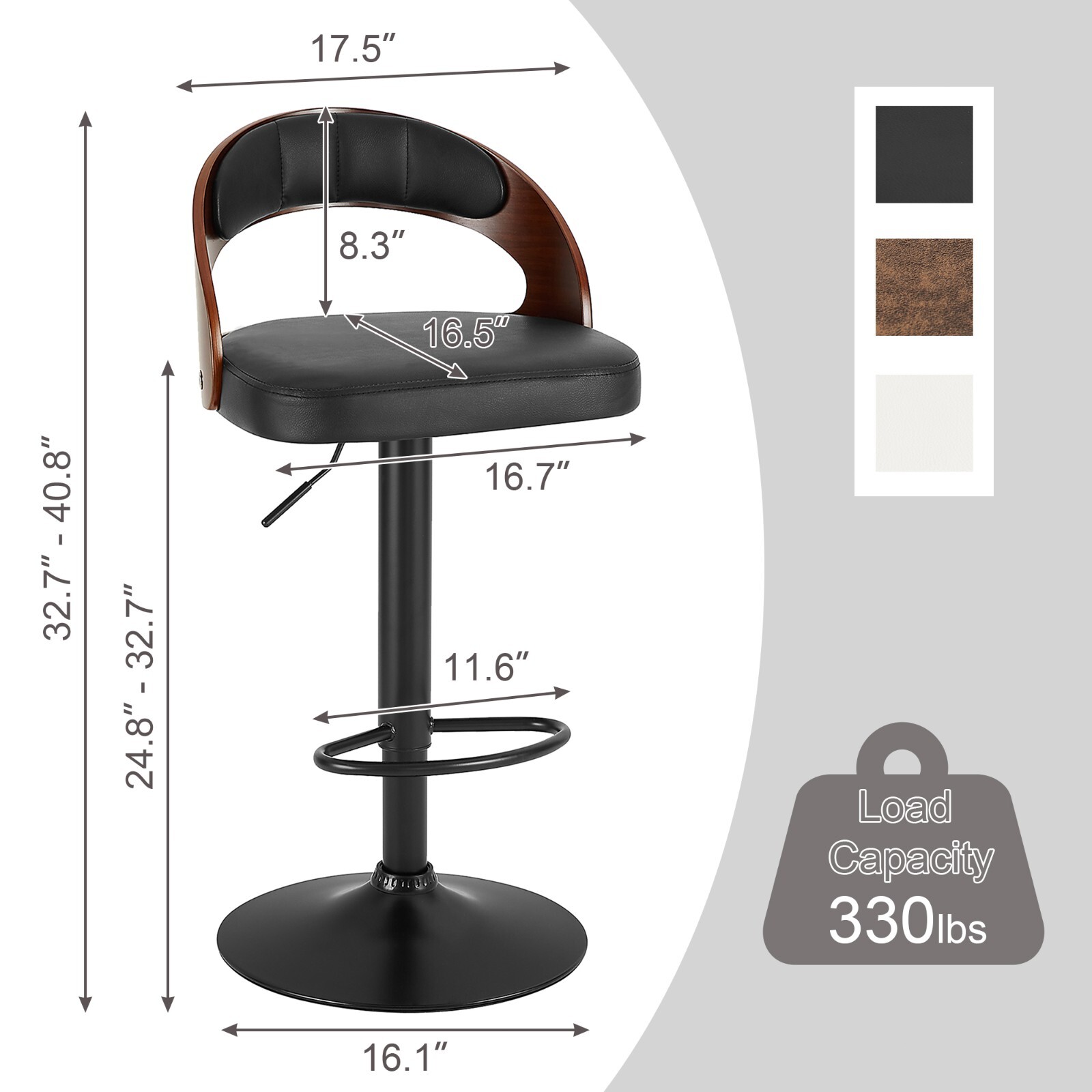 Bar Stools Set of 2 PU Leather Cushion Seat Adjustable Height Swivel Bar Chairs