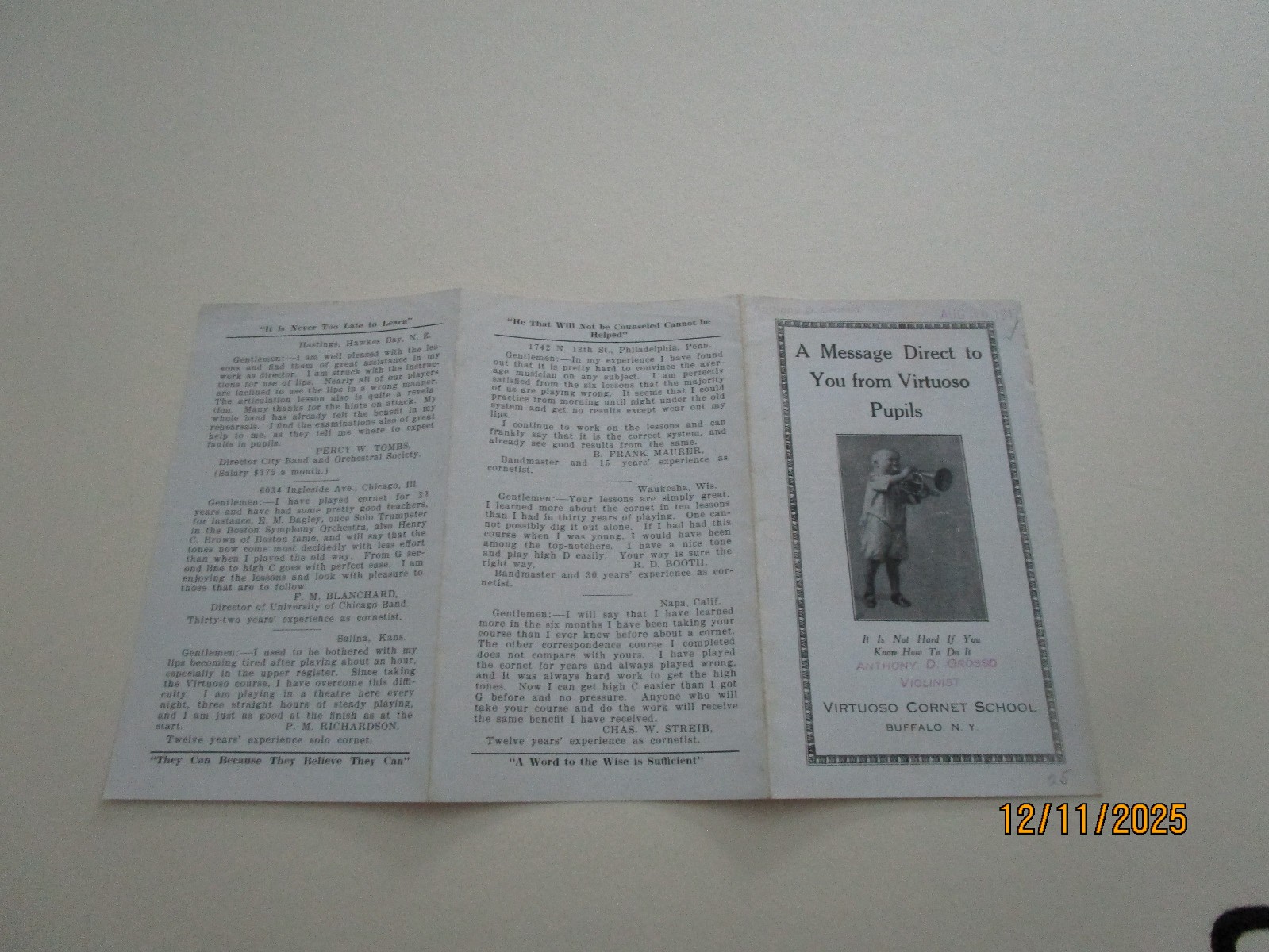 VIRTUOSO CORONET SCHOOL PAMPHLET GREAT GRAPHICS 1917 EPHEMERA