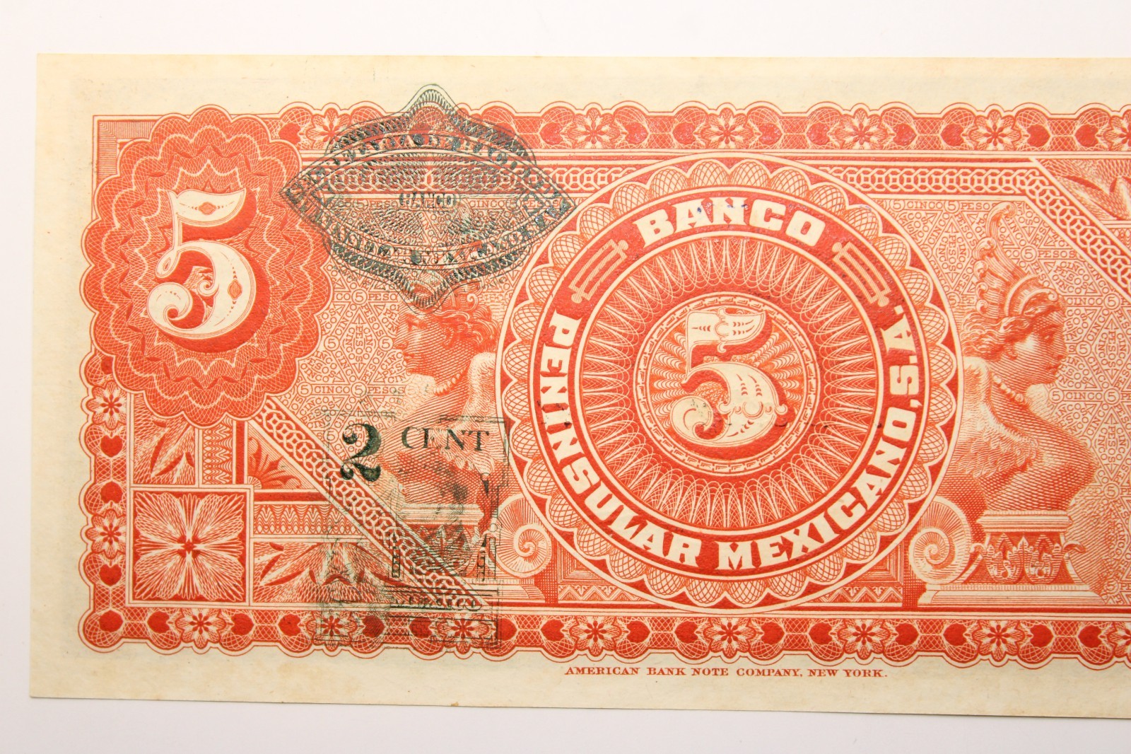 Yucatan Peninsular Mexicano Bank Note S465a 1914 Mexico 5 Peso . AU # 0400