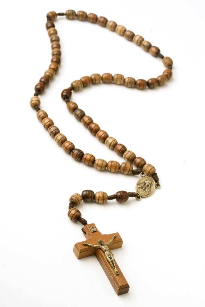 Rosary Necklace for Men Wooden Brown Carved Beads Strong Cord Rope Catholic