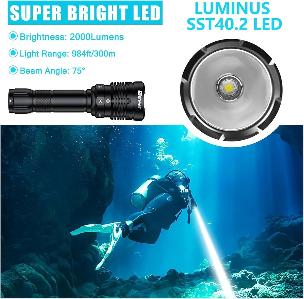 Dive Light 2000 Lumen Waterproof Flashlight with 5 Modes, Underwater Flashlight