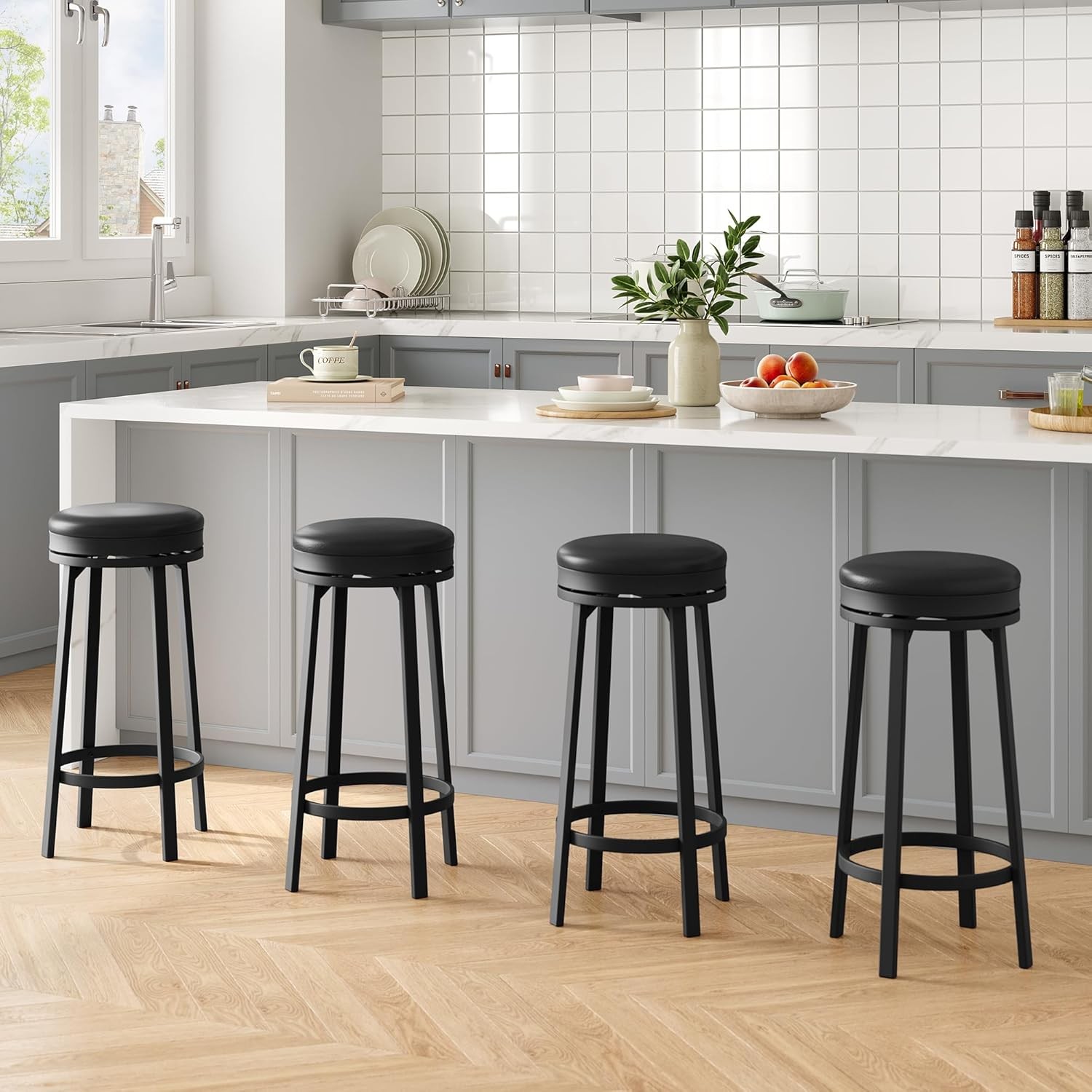 GRAVEE Set of 2/4 Round Bar Stool, Adjustable Swivel Kitchen Pub Chair PU Leathe