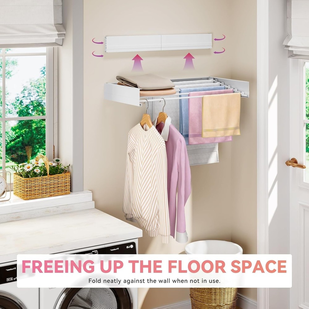 Wall Mounted Clothes Drying Rack Retractable Foldable Laundry Towel Rail White