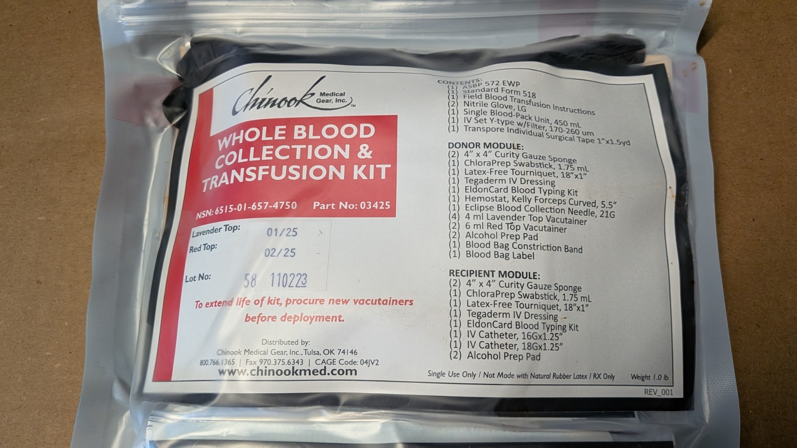 Chinook Medical Gear Whole Blood Collection & Transfusion Kit