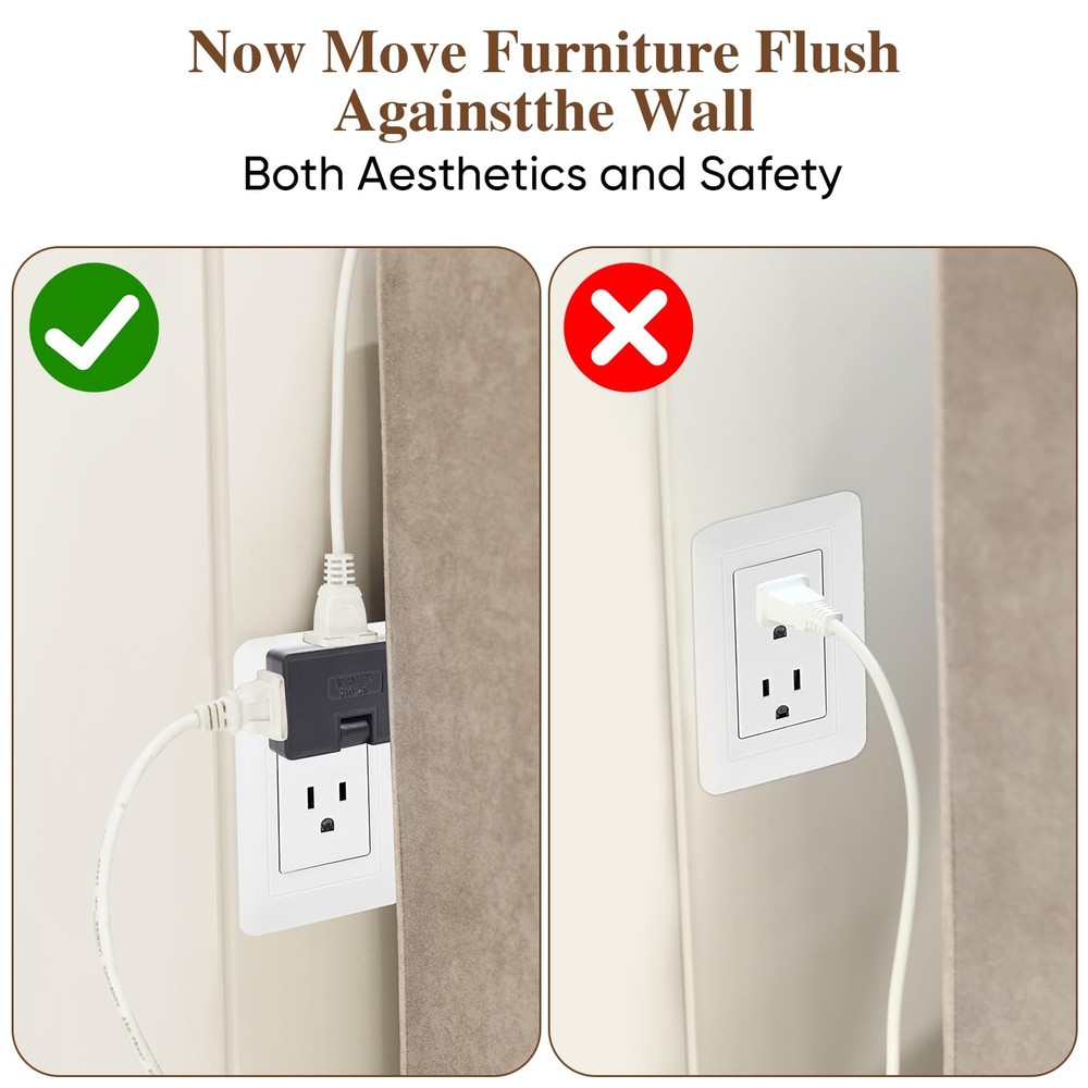 3 Way Flat Wall Outlet Extender Adapter- 2 Pack 180 Degrees Black 2