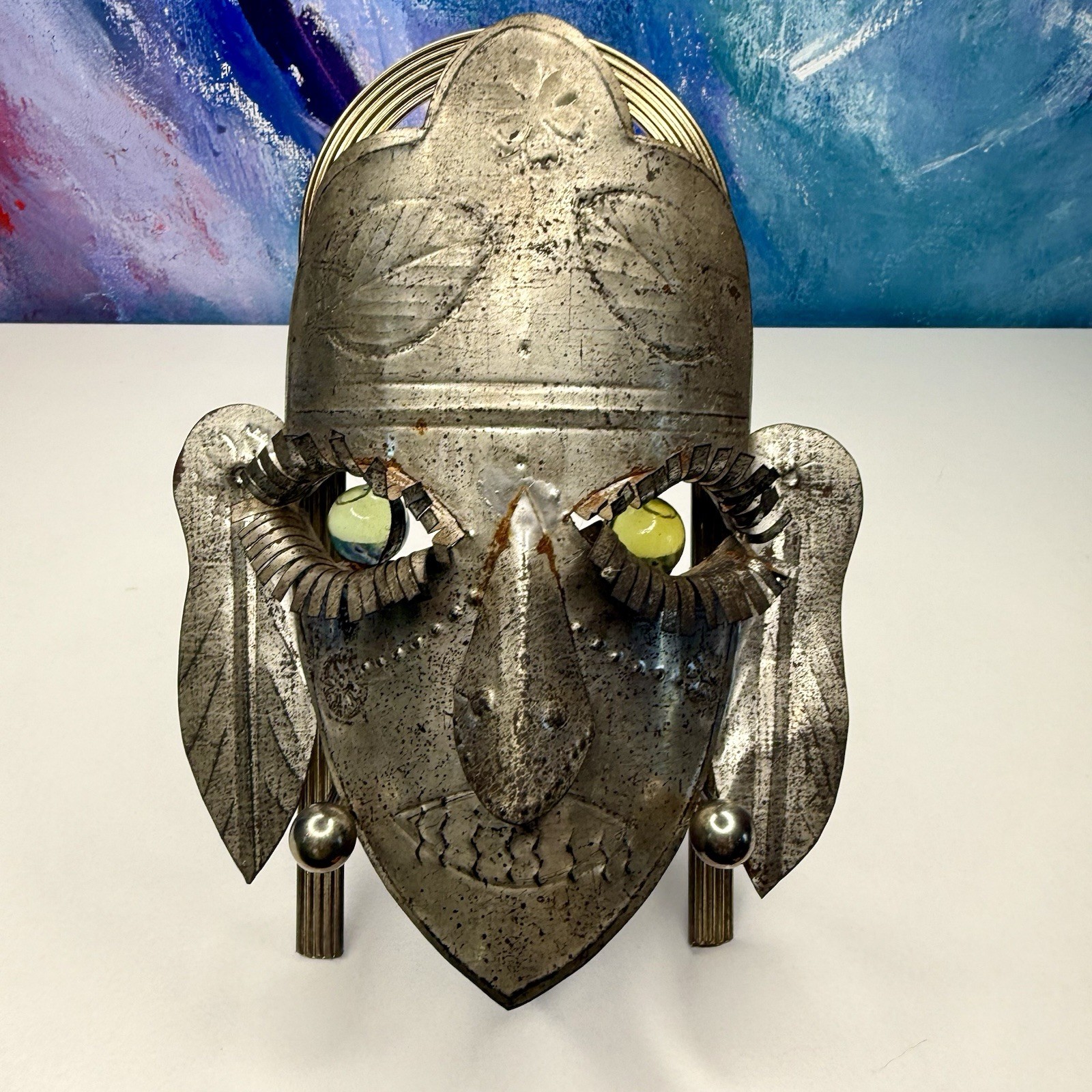 Mexican Tin Folk Art Face Mask Green Glass Eyes Wall Hanging Vintage Cultural