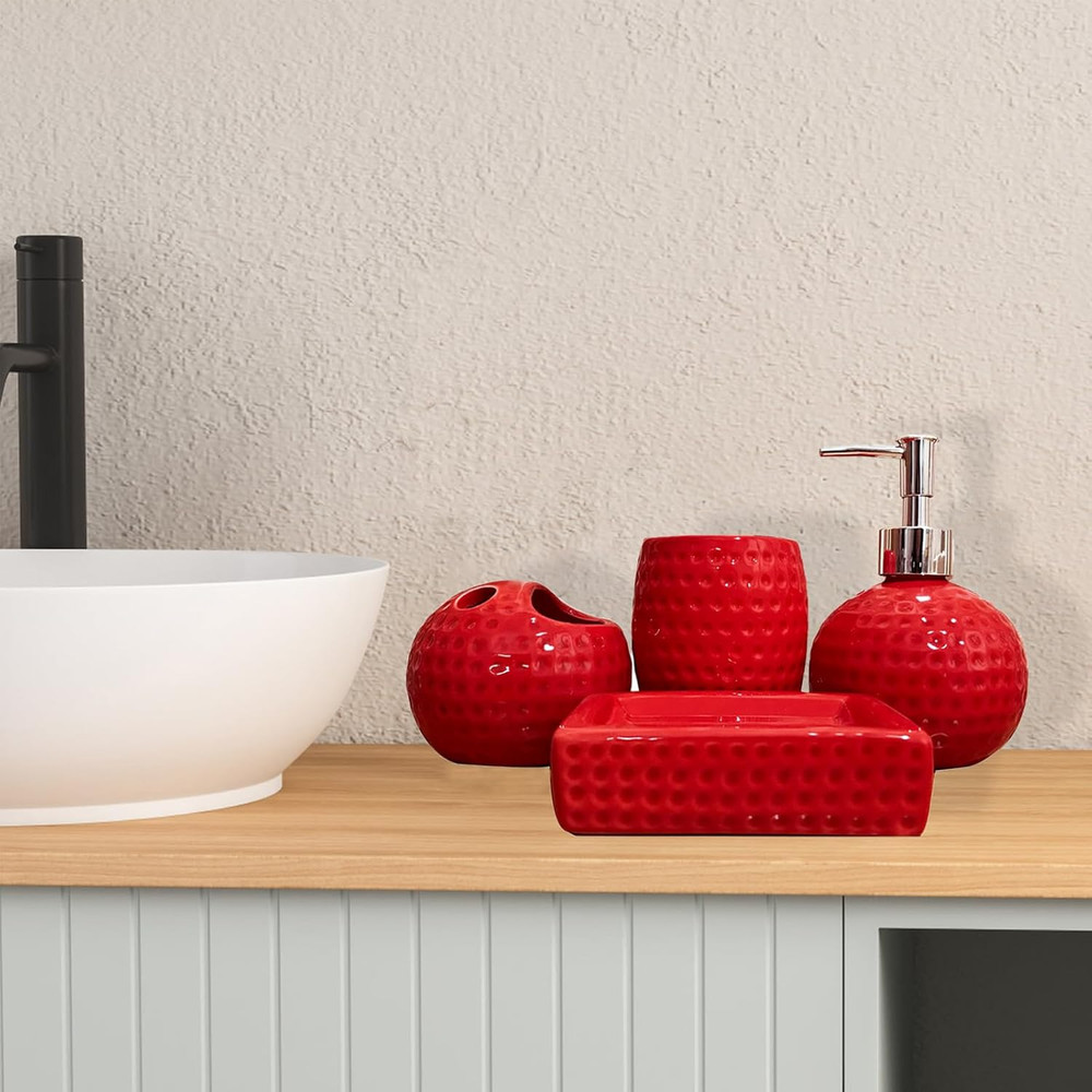 Bathroom Accessories Set,4 Pcs Red Ceramic Bathroom Accessory Set Complete with