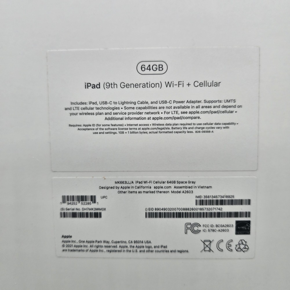 EMPTY BOX ONLY iPad 64GB 10.2” Silver 9th Generation Wifi Cellular Tablet Box