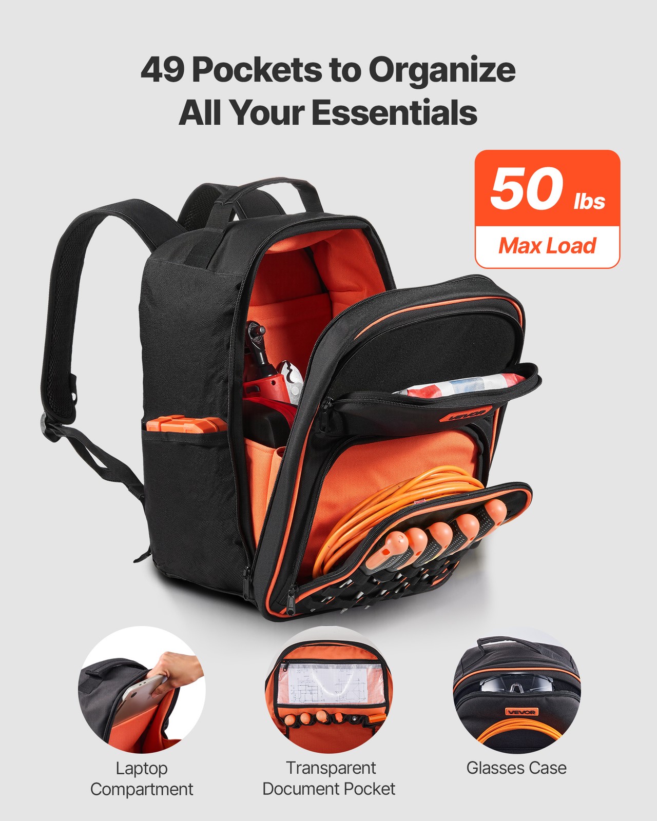 VEVOR Tool Backpack 49 Pockets Tear-resistant Jobsite Backpack for Electrician