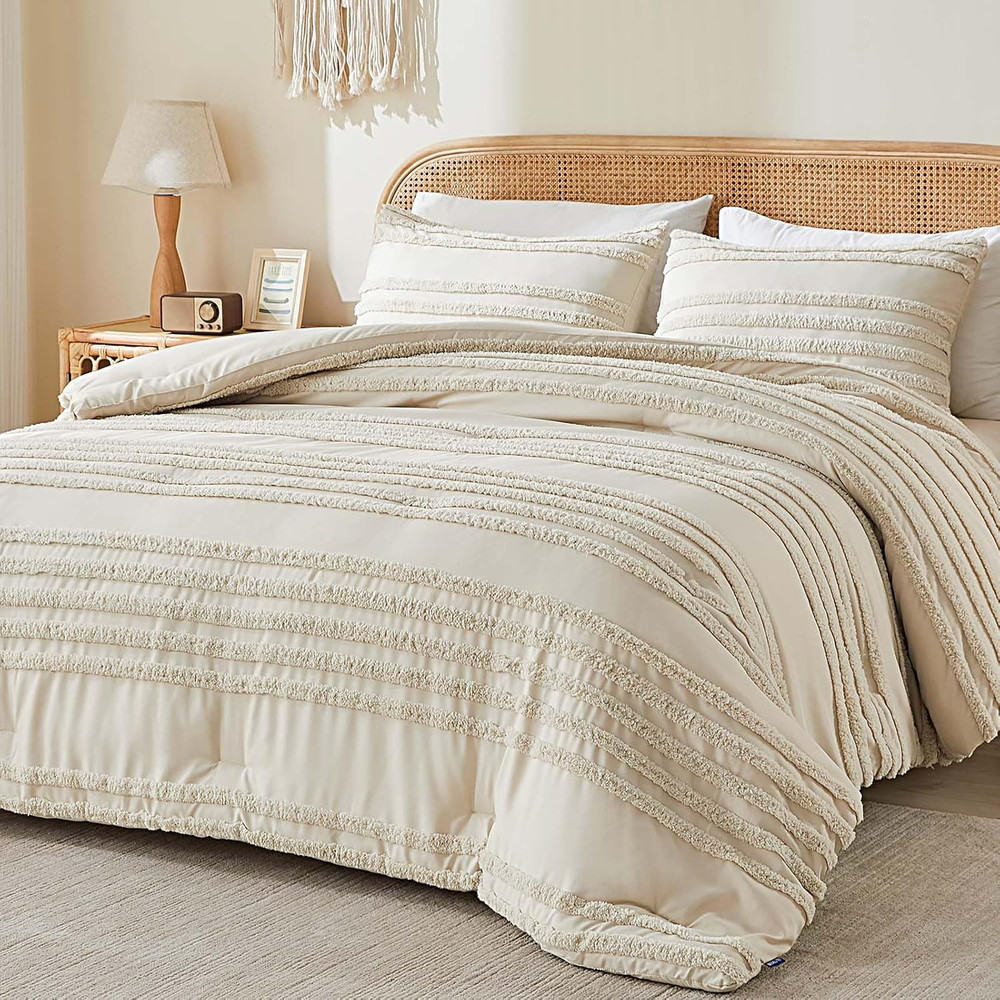 Boho Comforter Set Queen Size, Beige Tufted Boho Bed Set 3 Pieces, Soft & Lightw
