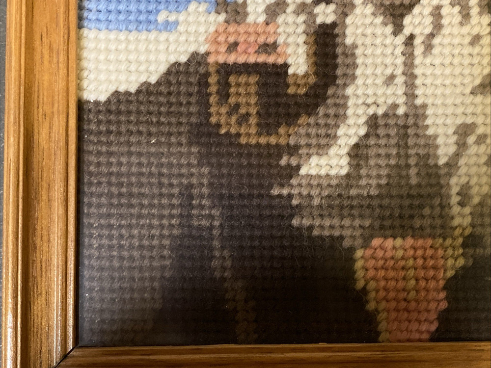 Vintage Needlepoint Old Man With Beard Smoking Pipe Framed Needlepoint