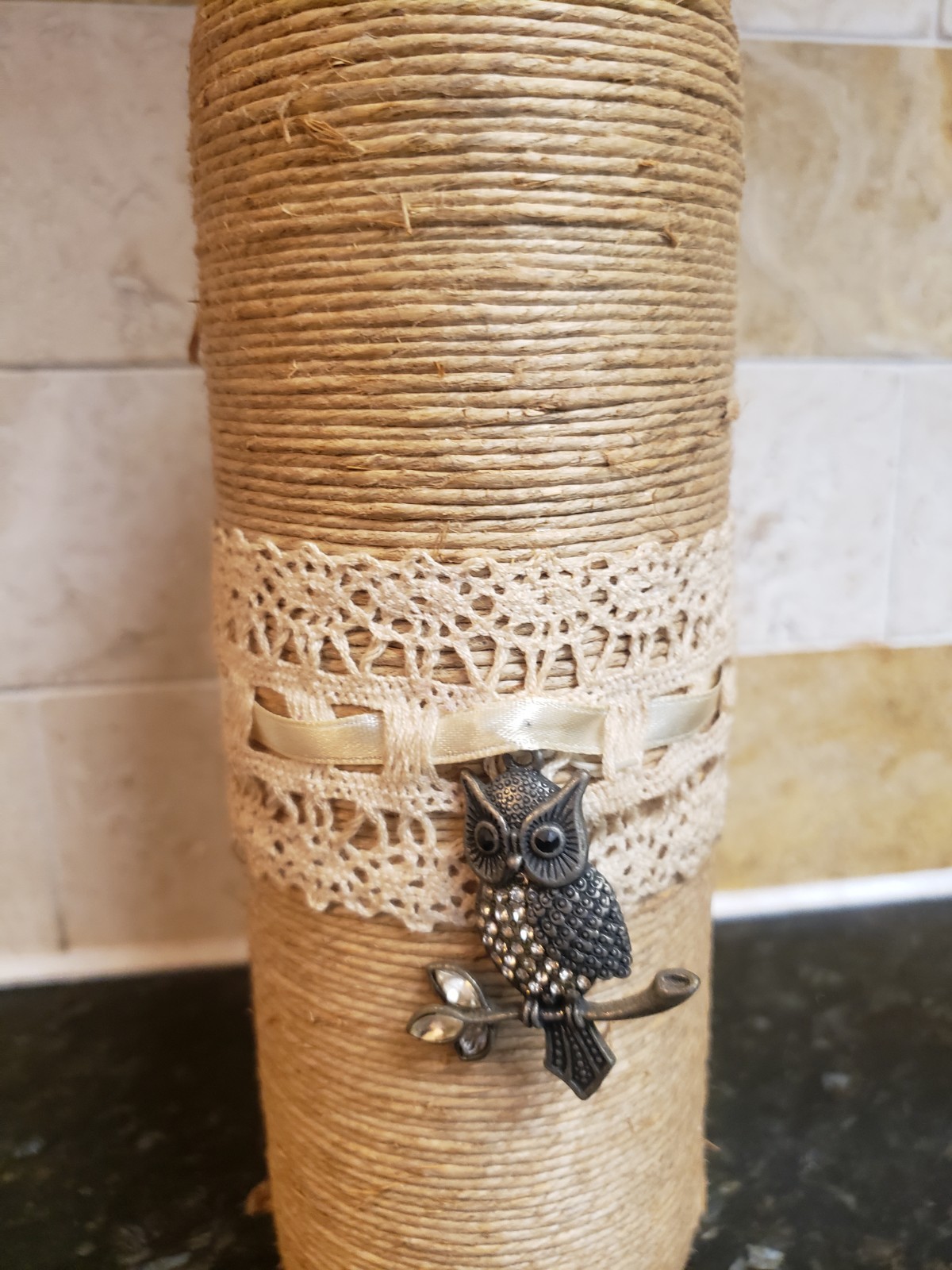 Handmade Twine Wrapped Wine Bottle Flower Vase W Owl Accent