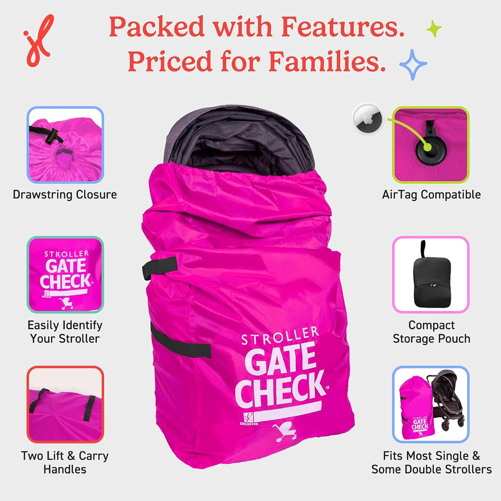 Neon Pink Gate Check Bag for Single & Double Strollers