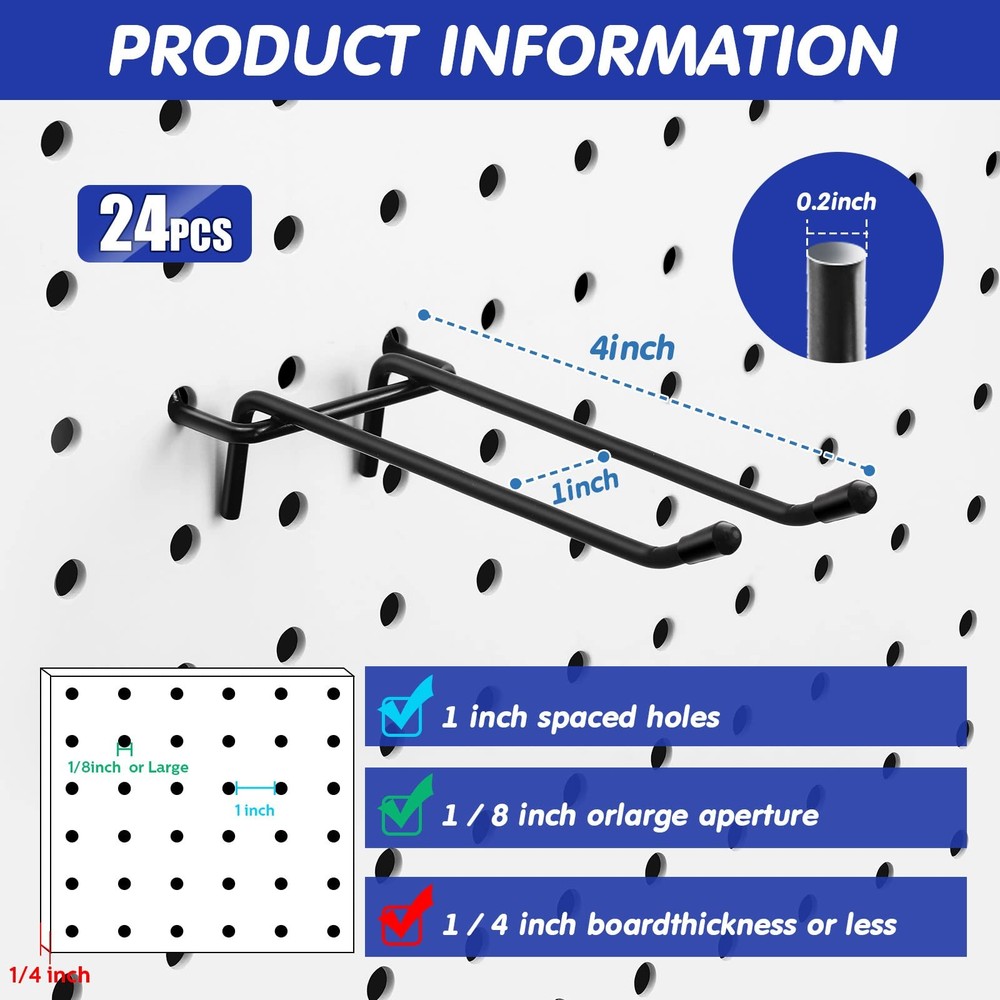 24 Pack Pegboard Double Arm Hooks 1/4in Peg Board Black