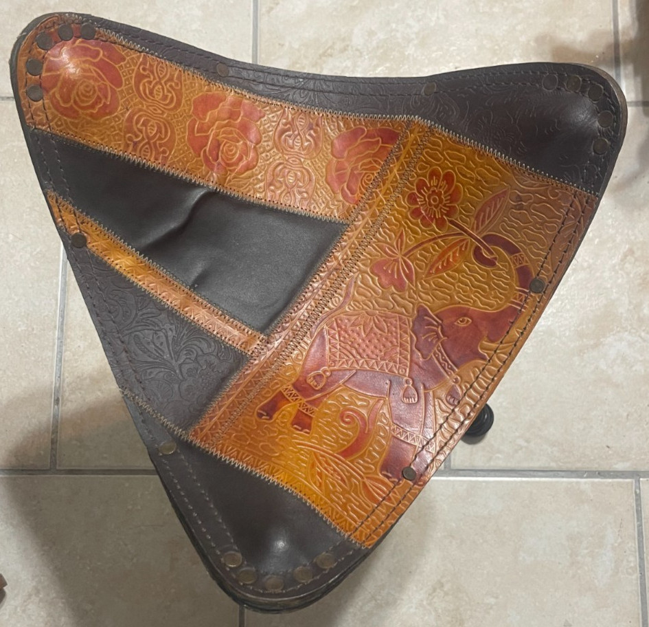 vintage 1990's Pier 1 Imports leather patchwork tripod stool