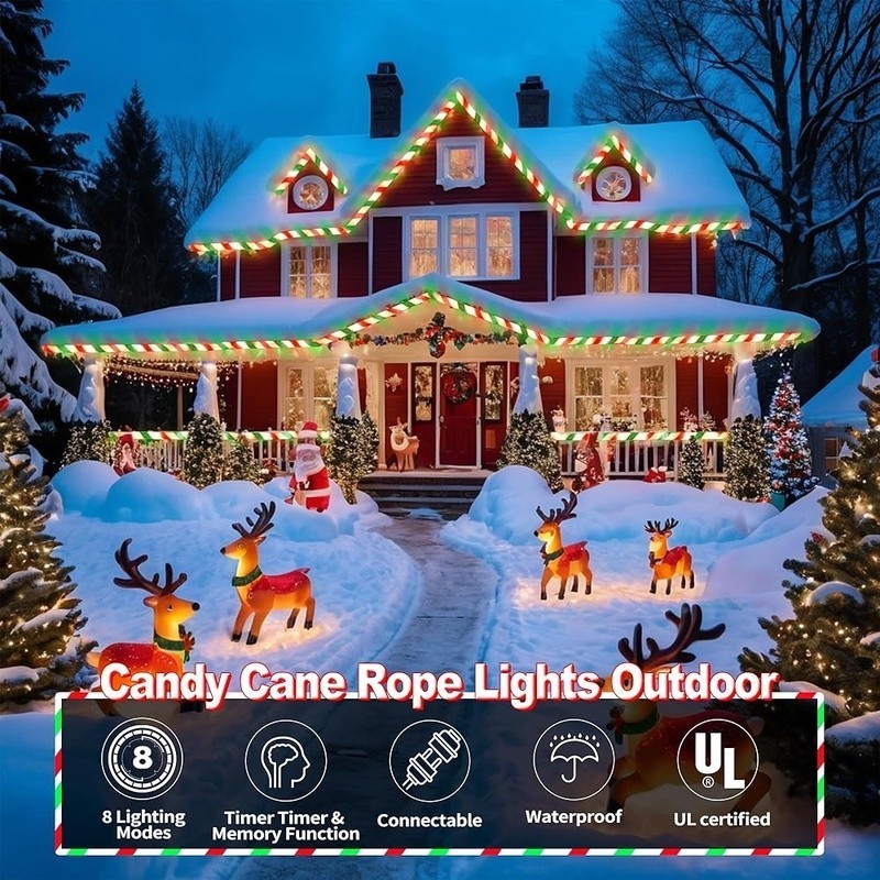 Candy Cane Christmas Rope Lights Waterproof LED String Light Timer 8 Modes Decor