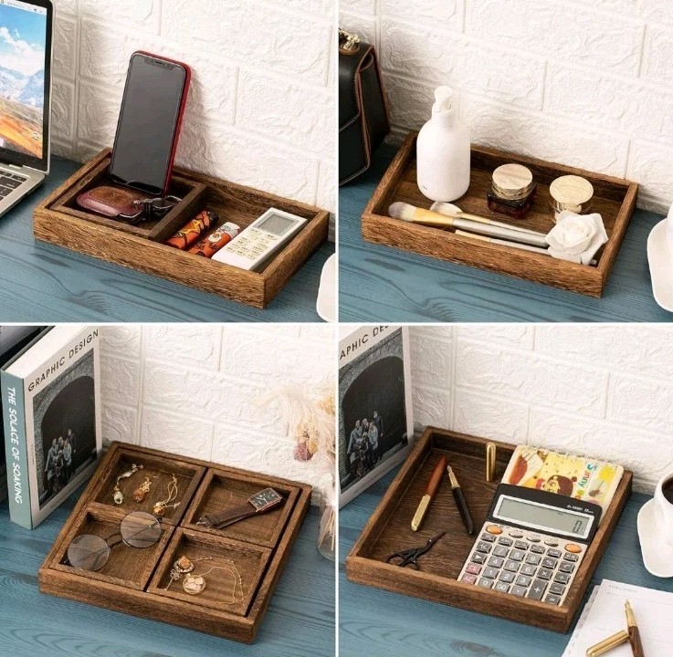 Rustic Wooden Serving Trays with Handle - Set of 7 Rectangular Platters
