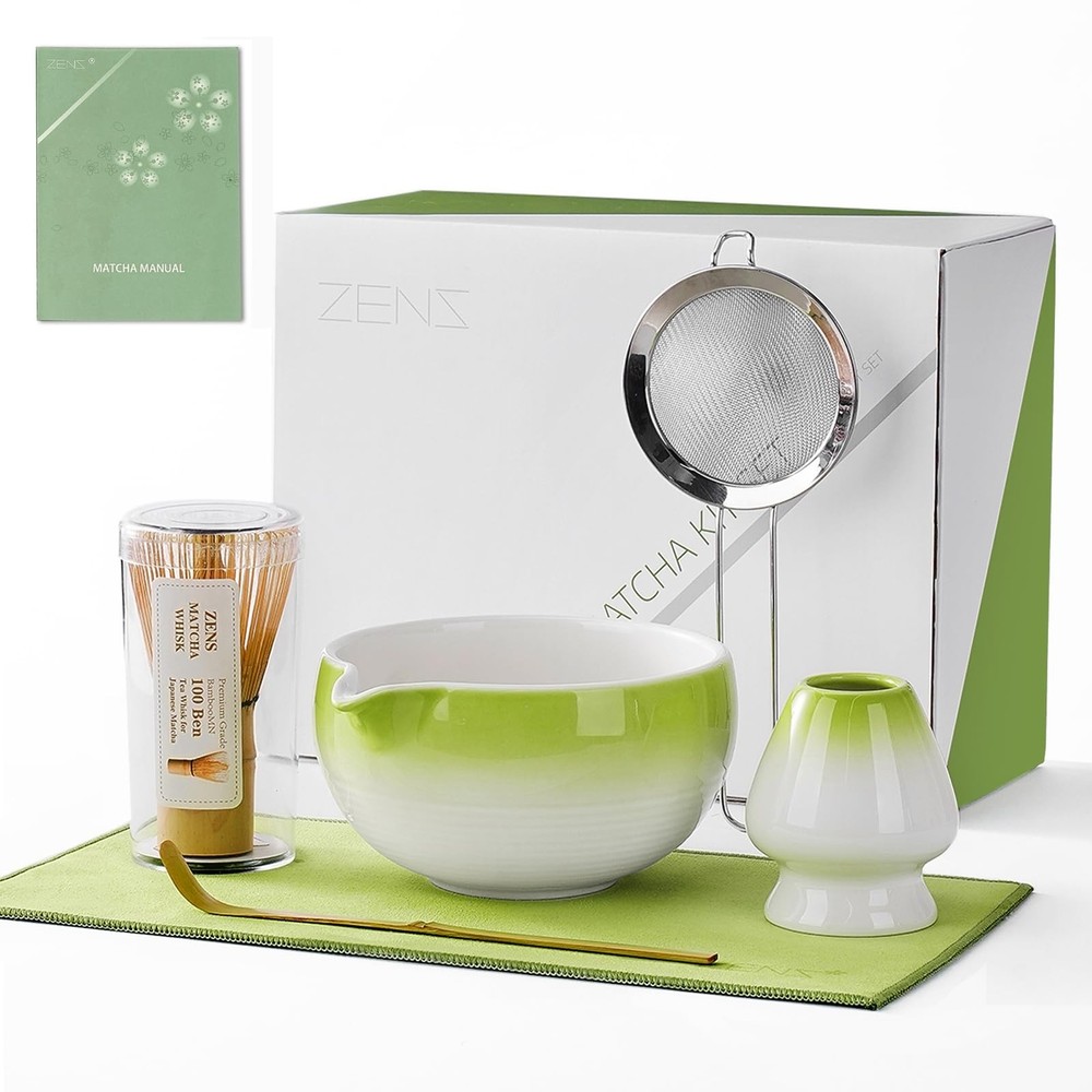 ZENS Matcha Whisk Set, 6pcs Matcha Kit Includes Ceramic Bowl, Handcrafted Bam...