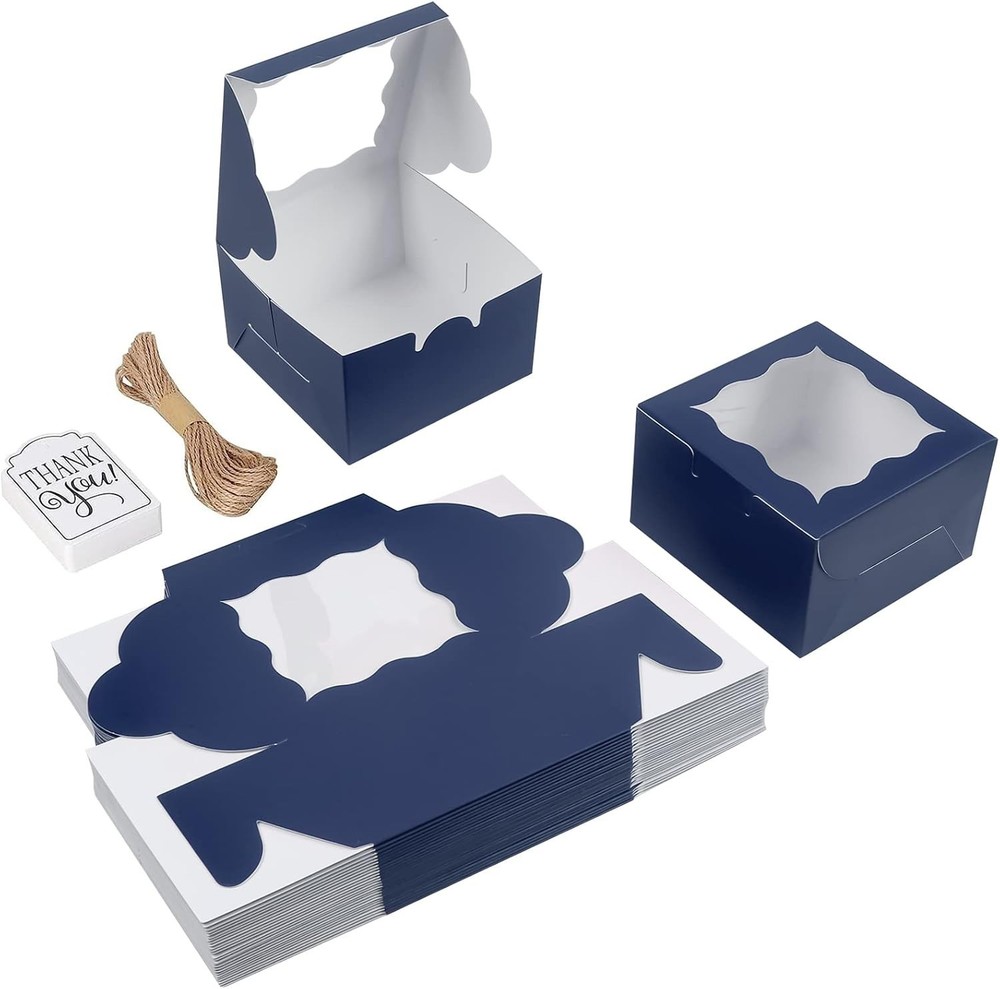 60 Blue Bakery Boxes with Window – Elegant Cupcake & Cookie Gift Boxes 4x4x2.5