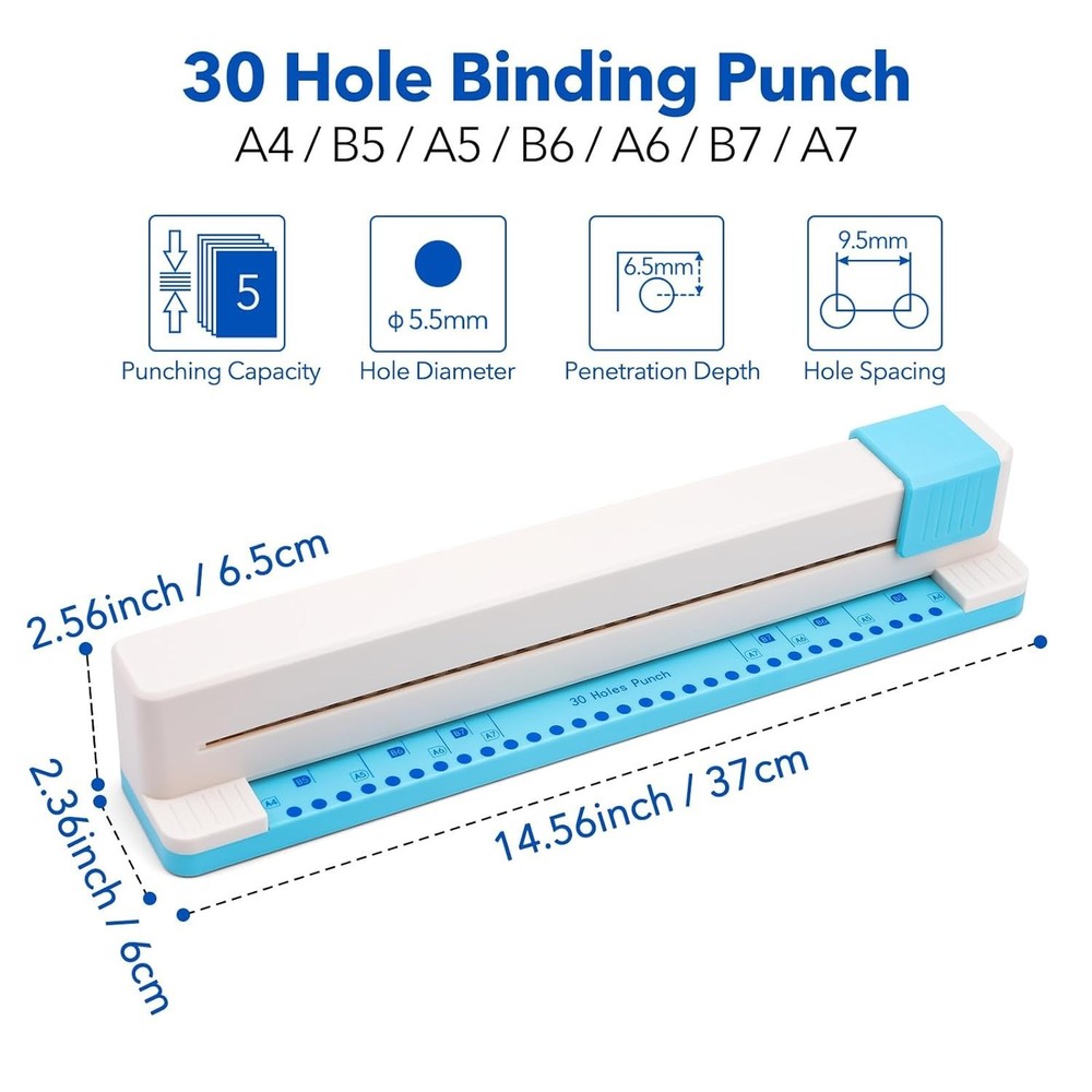 30 Holes Binding Punch - Adjustable Multi-Hole Puncher for Notebooks & Planners