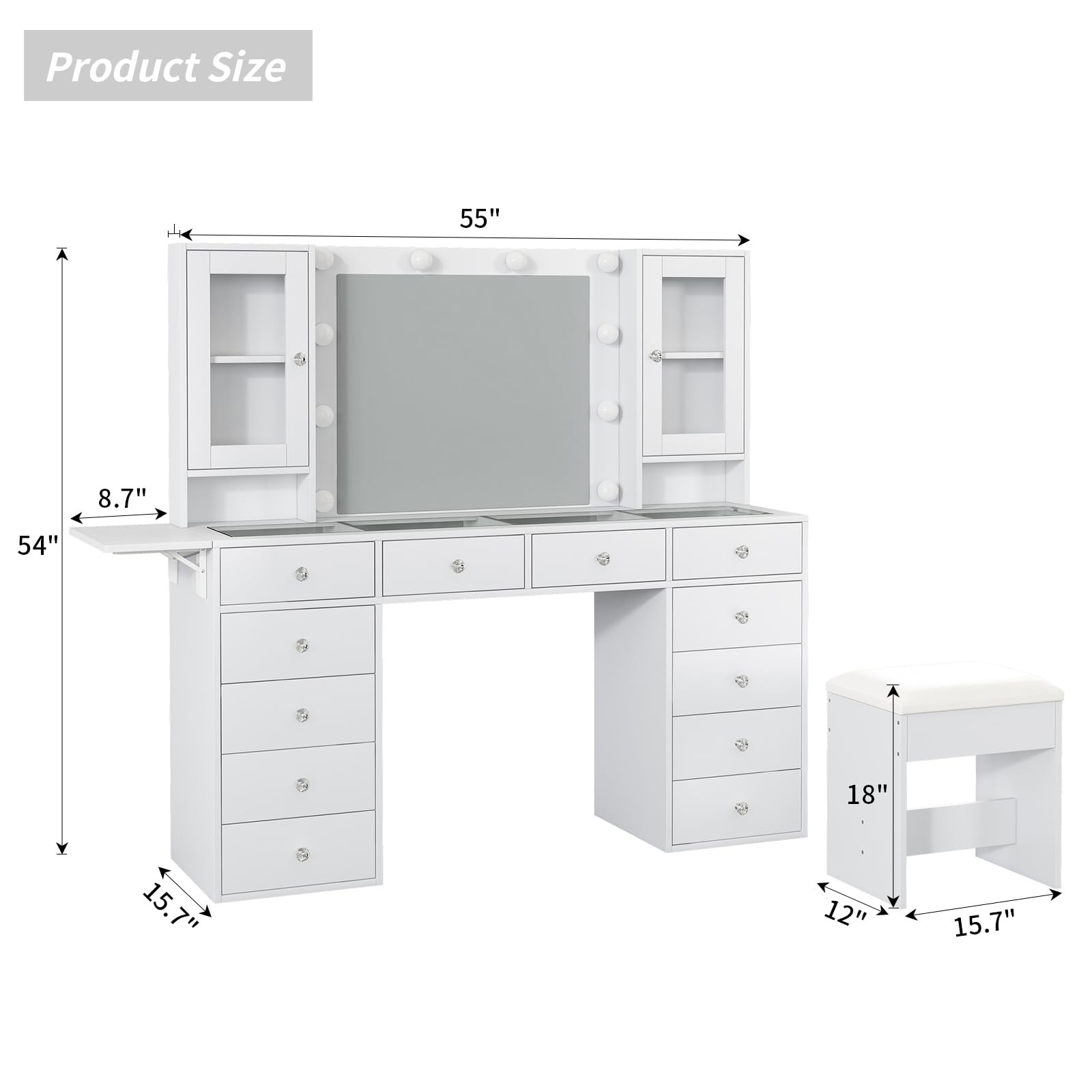 Vanity with Mirror w 10 LED Lights, Makeup Vanity w 12 Drawers，White Vanity desk